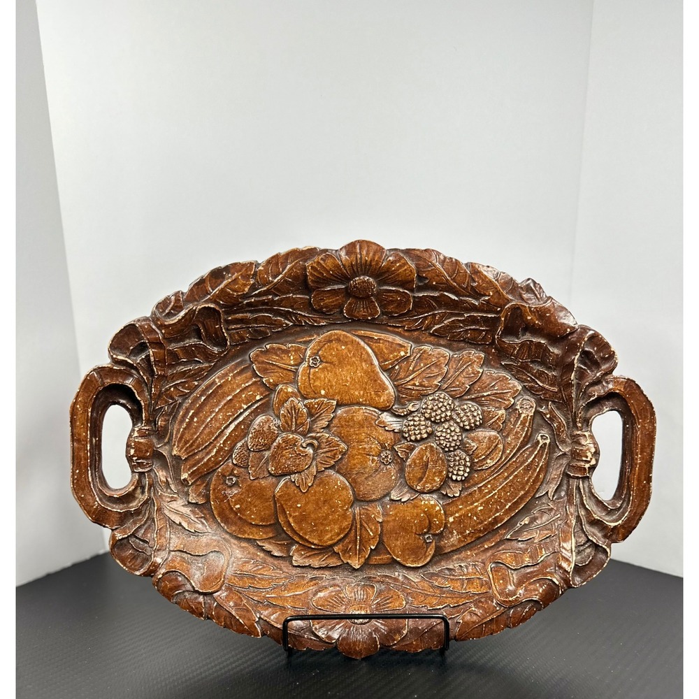 Vintage Carved Wood Fruit Floral Oval Tray Handles Decorative Display‎